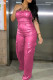 Pink Celebrities Solid Patchwork Pocket Strapless Skinny Jumpsuits