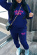 Blue Casual Letters Draw String Pocket Patchwork Hooded Long Sleeve Two Pieces