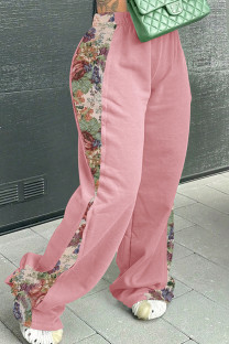 Pink Casual Print Patchwork Loose Mid Waist Conventional Patchwork Bottoms