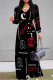 Black Red Casual Street Letter Print Lace Up Contrast V Neck Printed Dresses