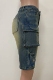 Blue Yellow Casual Pocket Buttons Patchwork Zipper Mid Waist Straight Denim Shorts