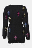 Black Casual Geometric Print Patchwork O Neck Long Sleeve Two Pieces