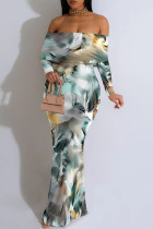 Colour Sexy Floral Print Ruffle Contrast Off Shoulder Long Dresses