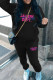 Black Casual Letters Draw String Pocket Patchwork Hooded Long Sleeve Two Pieces