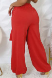 Red Casual Solid Color Pocket Patchwork Strap Design Loose Mid Waist Conventional Patchwork Bottoms