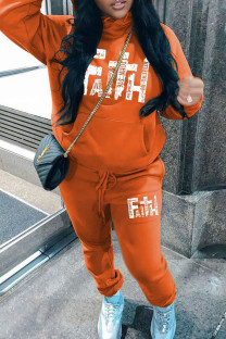 Orange Casual Letters Draw String Pocket Patchwork Hooded Long Sleeve Two Pieces
