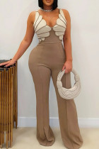 Brown Casual Patchwork Backless Zipper Contrast Asymmetrical Collar Regular Jumpsuits