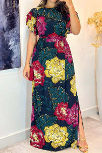 Multicolor Elegant Print Patchwork Slit Ruffled Trim O Neck Long Dresses