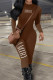 Coffee Casual Letters Patchwork O Neck Skinny Jumpsuits