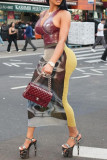 Grey Casual Print Patchwork Contrast Regular Mid Waist Positioning Print Bottoms