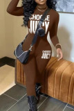 Coffee Casual Letters Patchwork O Neck Skinny Jumpsuits