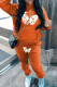 Orange Casual Print Draw String Pocket Patchwork Hooded Long Sleeve Two Pieces