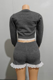Grey Casual Solid Color Buttons Patchwork Deep V Neck Long Sleeve Two Pieces