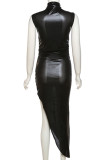 Black Sexy Solid Color Patchwork Turtleneck Irregular Dresses