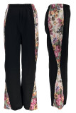 Black Casual Print Patchwork Loose Mid Waist Conventional Patchwork Bottoms