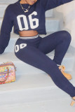 Cream White Casual Letters Patchwork Contrast O Neck Long Sleeve Two Pieces