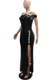 Black Elegant Solid Color Hollow Out Sequins Patchwork High Slit Oblique Collar Evening Dresses