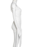 White Sexy Solid Color Hollow Out Patchwork U Neck Long Sleeve Two Pieces