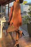 Brown Sexy Solid Color Patchwork Backless O Neck Long Dresses