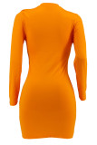 Yellow Casual Solid Color Patchwork O Neck Wrapped Skirt Dresses