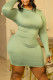 Green Casual Solid Color Patchwork O Neck Wrapped Skirt Dresses