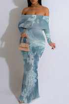 Light Blue Sexy Floral Print Ruffle Contrast Off Shoulder Long Dresses