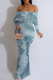 Light Blue Sexy Floral Print Ruffle Contrast Off Shoulder Long Dresses