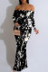 Black Sexy Floral Print Ruffle Contrast Off Shoulder Long Dresses