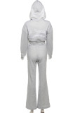 Grey Casual Letters Embroidered Draw String Patchwork Hooded Long Sleeve Two Pieces