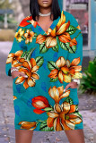 Black Casual Daily Floral Print Butterfly Pocket Contrast V Neck Printed Plus Size Dresses