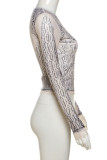 Apricot Sexy Print Patchwork See-Through O Neck Tops