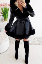 Black Daily Solid Color Pocket Patchwork Strap Design Cardigan Collar Outerwear