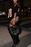 Black Casual Letters Patchwork O Neck Tops