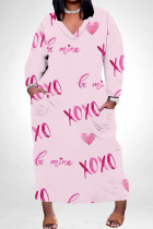Pink Casual Graffiti Print Heart Shaped Lips Pocket Contrast V Neck Printed Plus Size Dresses