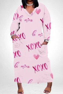 Pink Casual Graffiti Print Heart Shaped Lips Pocket Contrast V Neck Printed Plus Size Dresses