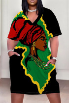 Black Green Casual Cartoon Print Flowers Pocket Contrast V Neck Printed Plus Size Dresses