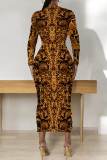 Camel Casual Snakeskin Print Leopard Contrast O Neck Printed Dresses