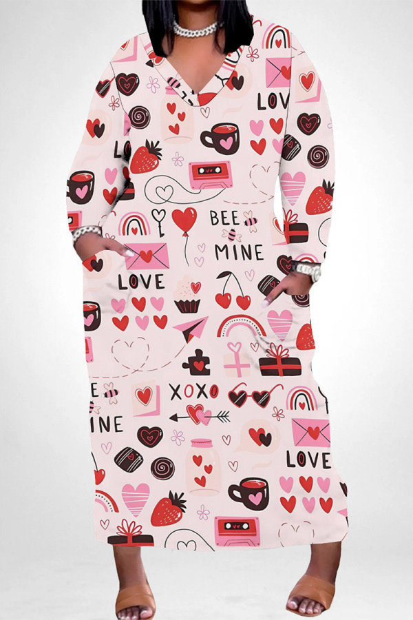 Light Pink Casual Graffiti Print Heart Shaped Lips Pocket Contrast V Neck Printed Plus Size Dresses