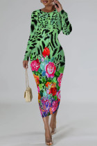 Green Casual Snakeskin Print Leopard Contrast O Neck Printed Dresses