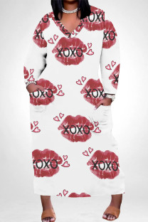 White Red Casual Graffiti Print Heart Shaped Lips Pocket Contrast V Neck Printed Plus Size Dresses
