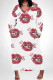 White Red Casual Graffiti Print Heart Shaped Lips Pocket Contrast V Neck Printed Plus Size Dresses
