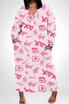 Peach Casual Graffiti Print Heart Shaped Lips Pocket Contrast V Neck Printed Plus Size Dresses