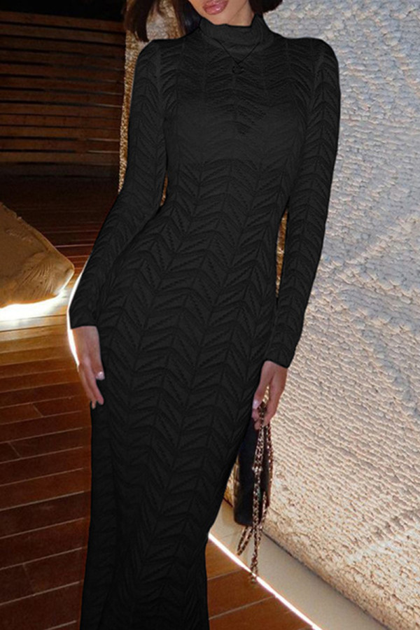 Black Elegant Solid Color Patchwork Turtleneck Long Dresses