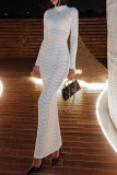 White Elegant Solid Color Patchwork Turtleneck Long Dresses