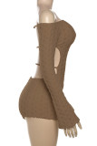Brown Sexy Solid Color Patchwork Backless Off Shoulder Skinny Rompers