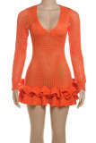 Orange Sexy Solid Color Hollow Out Patchwork Stringy Selvedge Deep V Neck Wrapped Skirt Dresses