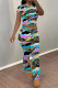Blue Purple Casual Street Stripe Splashed ink printing Contrast O Neck Short Sleeve Two Pieces