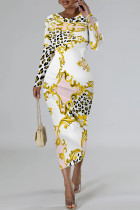 White Yellow Casual Snakeskin Print Leopard Contrast O Neck Printed Dresses