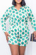 Green Casual Print Buckle Patchwork Turndown Collar Long Sleeve Two Pieces