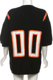 Black Casual Letters Patchwork O Neck Tops